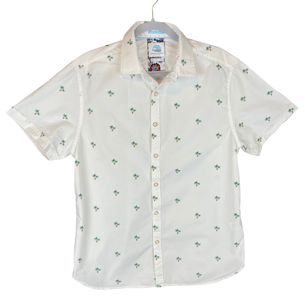 DENIM‎ & FLOWER Men's White Palm Tree Print Short Sleeve Button Up Shirt Size L